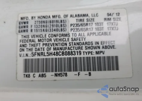 2012 Honda Odyssey Ex из США, поврежденный, VIN 5FNRL5H48CB088319